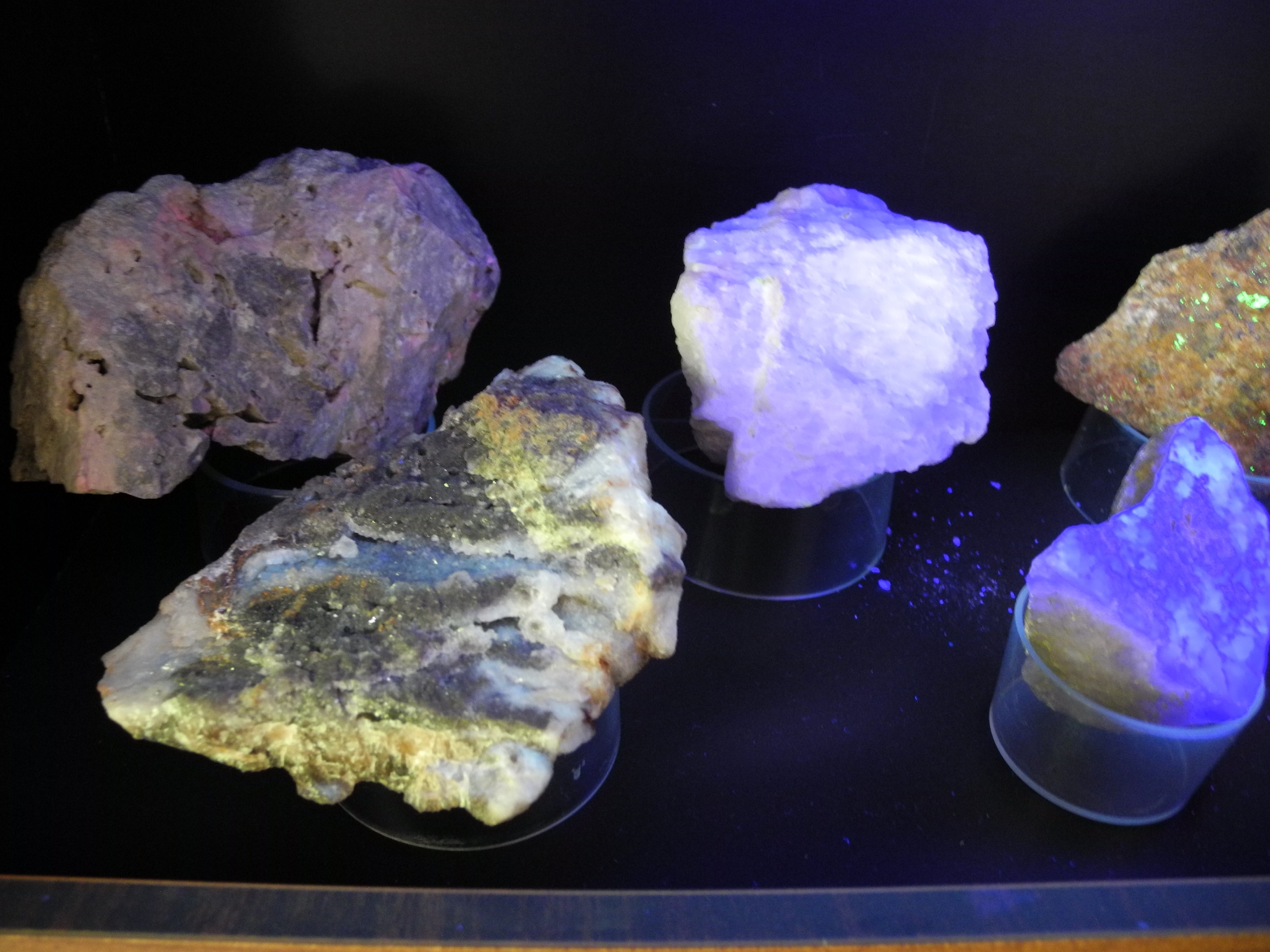 Rocce luminescenti che si colorano di blu e di giallo con la luce ultravioletta.